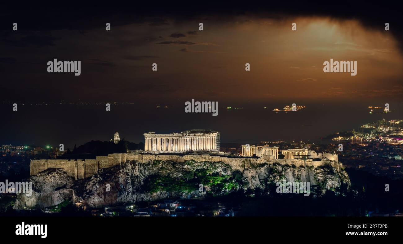 Acropolis of Athens & The Saronic Gulf by Sunset Stock Photo
