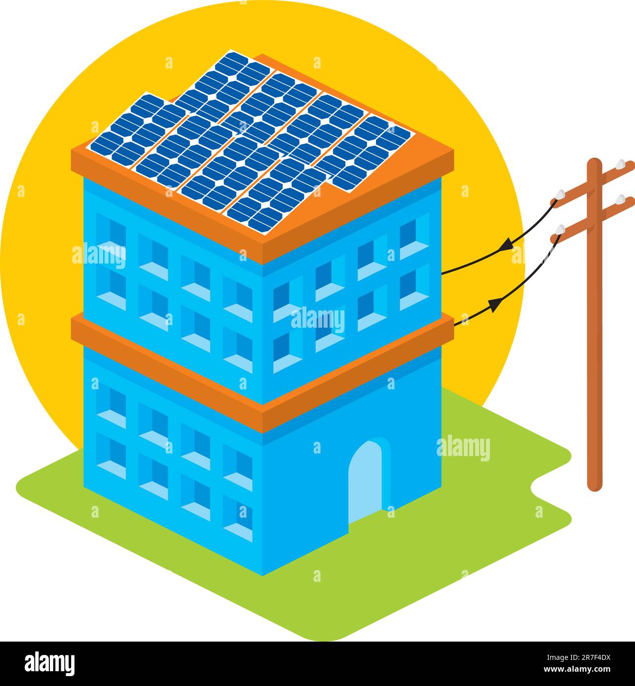 Isometric house with solar panels on roof connected to electricity pole Stock Vector
