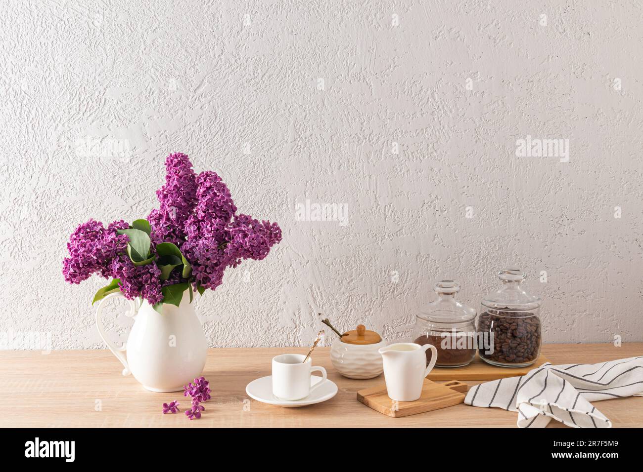 A modern kitchen countertop interior with items for morning coffee and