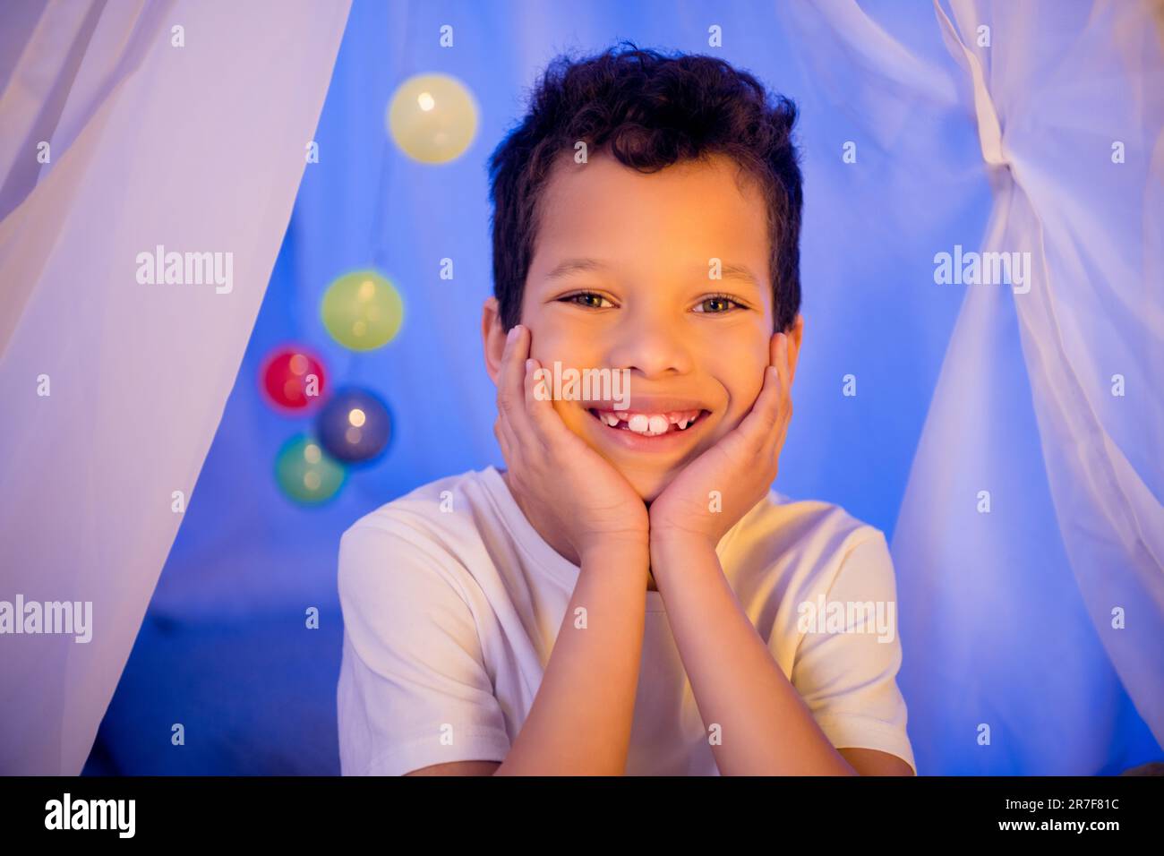 Portrait of cute sweet little boy toothless front teeth hope for family ...