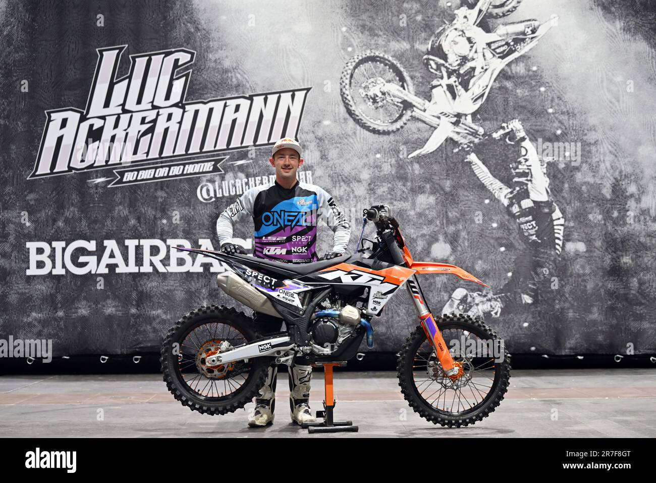 Erfurt, Germany. 15th June, 2023. Luc Ackermann, freestyle motocross world  champion from Thuringia, at a press screening at Messe Erfurt. The "Go big  or go home" show is scheduled to premiere at