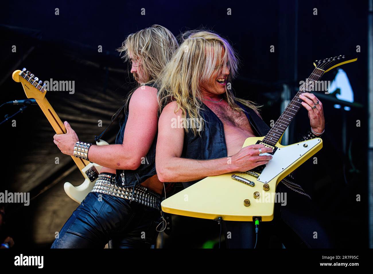 Copenhagen, Denmark. 14th June, 2023. The Swedish heavy metal band Enforcer performs a live concert during the Danish heavy metal festival Copenhell 2023 in Copenhagen. Here vocalist and guitarist Olof Wikstrand (R) is seen live on stage with guitarist Jonathan Nordwall (L). (Photo Credit: Gonzales Photo/Alamy Live News Stock Photo