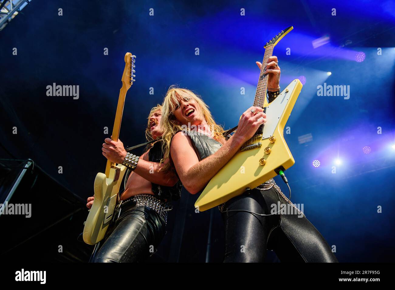 Copenhagen, Denmark. 14th June, 2023. The Swedish heavy metal band Enforcer performs a live concert during the Danish heavy metal festival Copenhell 2023 in Copenhagen. Here vocalist and guitarist Olof Wikstrand (R) is seen live on stage with guitarist Jonathan Nordwall (L). (Photo Credit: Gonzales Photo/Alamy Live News Stock Photo