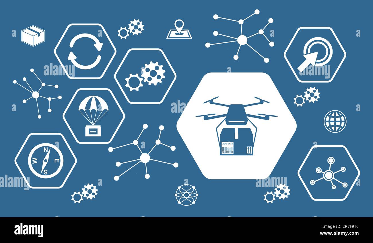 Concept of drone delivery with icons in hexagons Stock Photo - Alamy