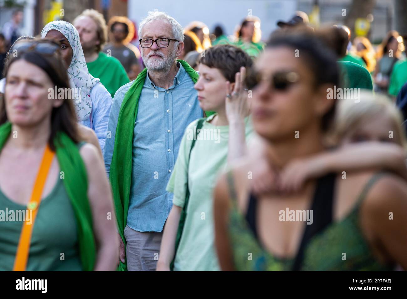 London, UK. 14th June, 2023. Jeremy Corbyn, MP for Islington North, accompanies members of the Grenfell community on the Grenfell Silent Walk around West Kensington. The event was organised to mark the sixth anniversary of the Grenfell Tower fire on 14 June 2017 as a result of which 72 people died and over 70 were injured. The Grenfell Tower Inquiry concluded in November 2022 that all the deaths in the fire were avoidable but no criminal prosecutions have yet been brought. Credit: Mark Kerrison/Alamy Live News Stock Photo