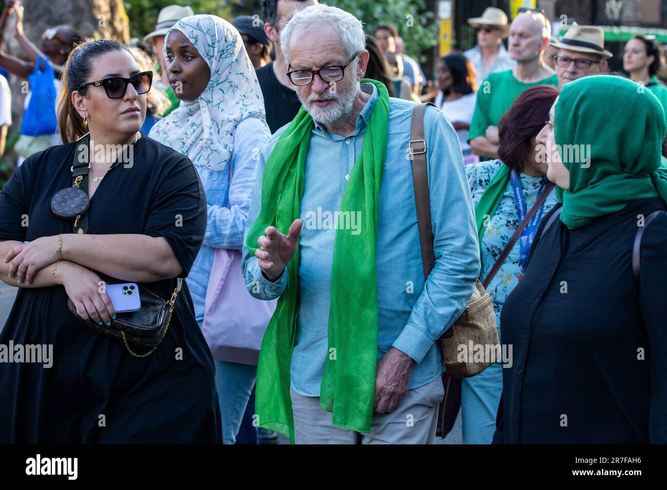 London, UK. 14th June, 2023. Jeremy Corbyn, MP for Islington North, accompanies members of the Grenfell community on the Grenfell Silent Walk around West Kensington. The event was organised to mark the sixth anniversary of the Grenfell Tower fire on 14 June 2017 as a result of which 72 people died and over 70 were injured. The Grenfell Tower Inquiry concluded in November 2022 that all the deaths in the fire were avoidable but no criminal prosecutions have yet been brought. Credit: Mark Kerrison/Alamy Live News Stock Photo
