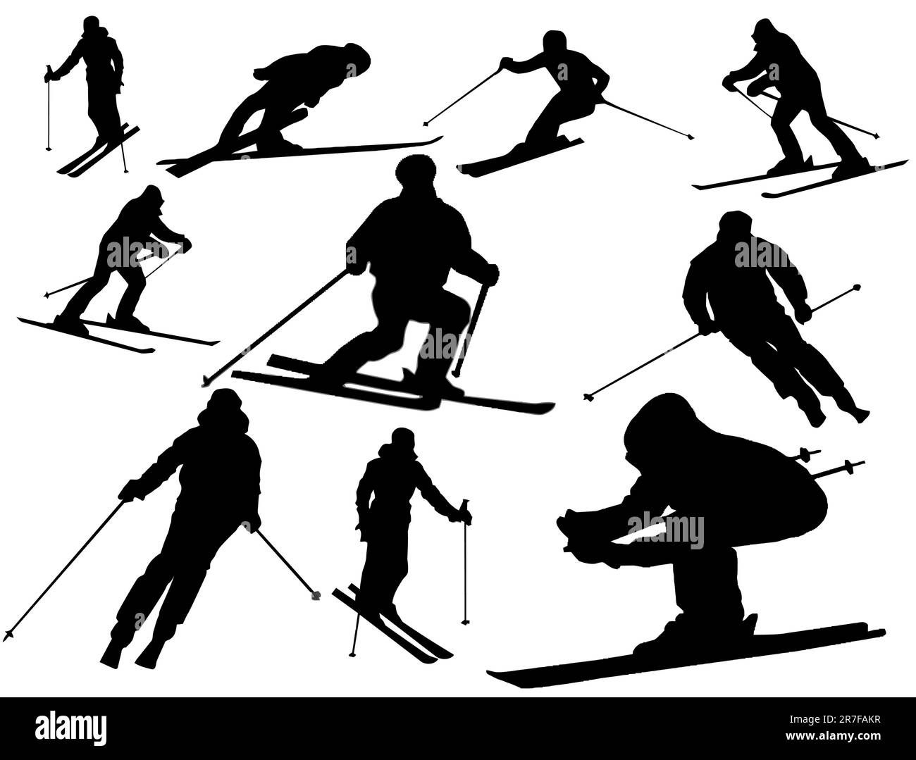 Vector collection of isolated alpine skiing silhouettes on white background Stock Vector