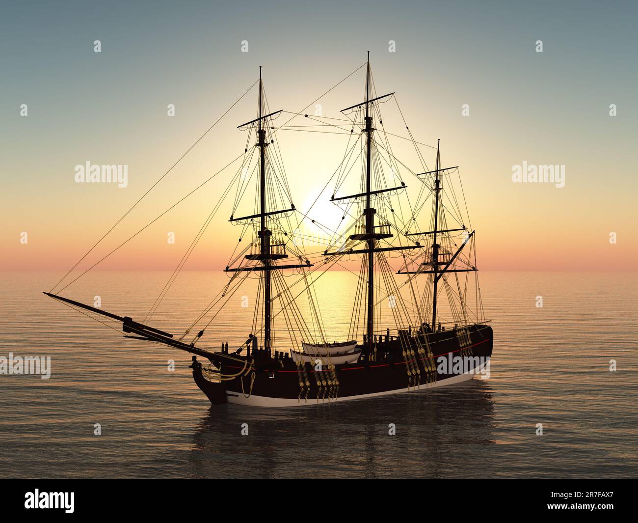 Sailing ship at anchor at sunset Stock Photo