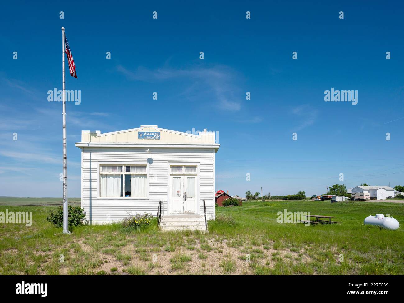 Galata, Montana, USA – June 7, 2023:  Exterior of the wooden American Legion Building Stock Photo