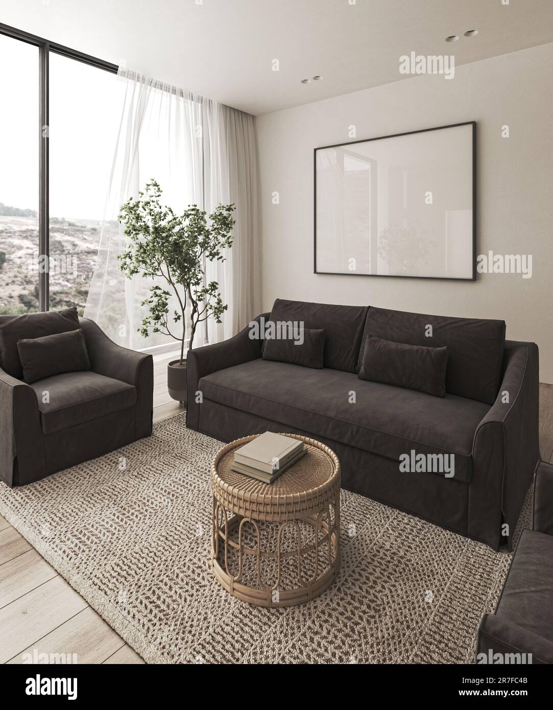 Modern retro style apartment interior livingroom. Large window with
