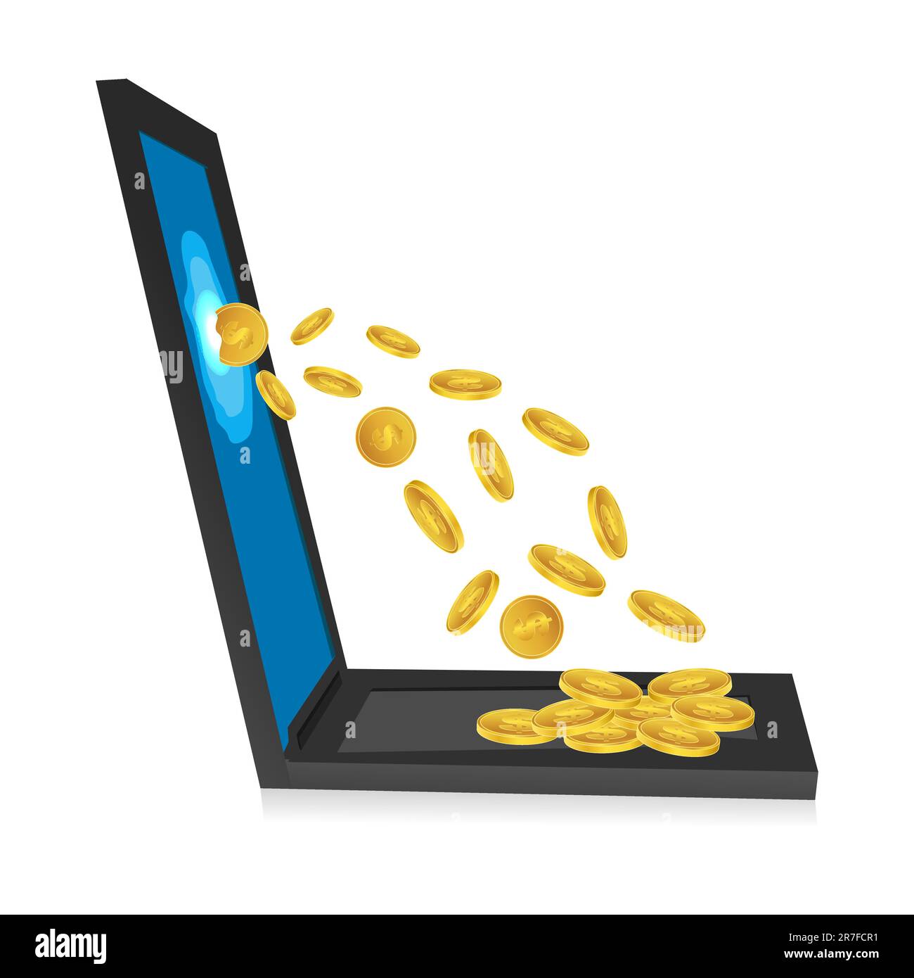 illustration of laptop with dollar coins on white background Stock Vector