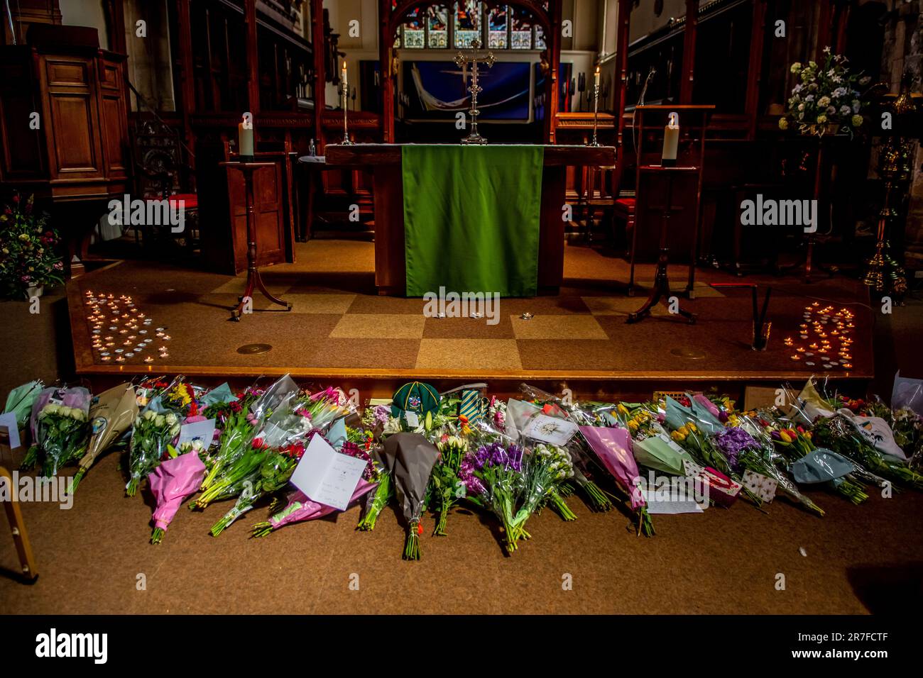 Nottingham, UK. 14th June, 2023. Nottingham attacks: Flowers and tributes left in St Peter's church In Nottingham city centre today after yesterdays attacks which left 3 people dead and 3 injured. Nottingham City, Nottingham, United Kingdom, 14th June 2023 (Photo by Lisa Harding/News Images) in Nottingham, United Kingdom on 6/14/2023. (Photo by Lisa Harding/News Images/Sipa USA) Credit: Sipa USA/Alamy Live News Stock Photo