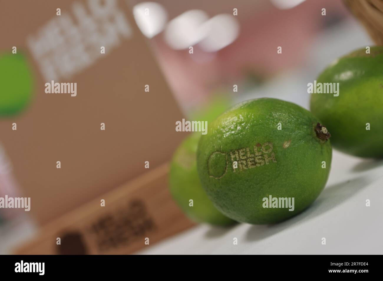 Barleben, Germany. 15th June, 2023. Lemons with the HelloFresh logo lie ...
