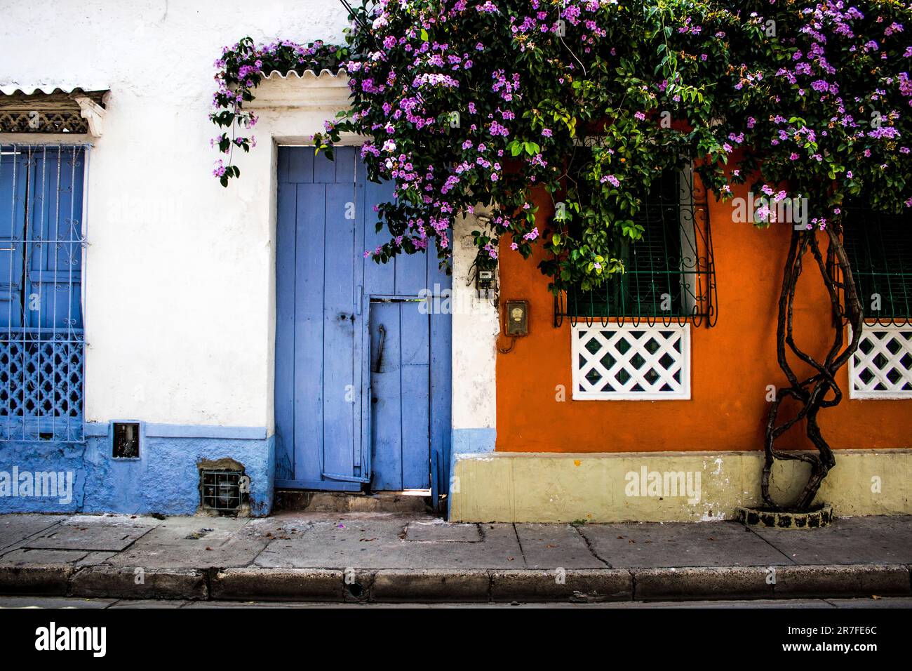 An inviting blue door is decorated with vibrant purple flowers, adding a splash of color to the street Stock Photo