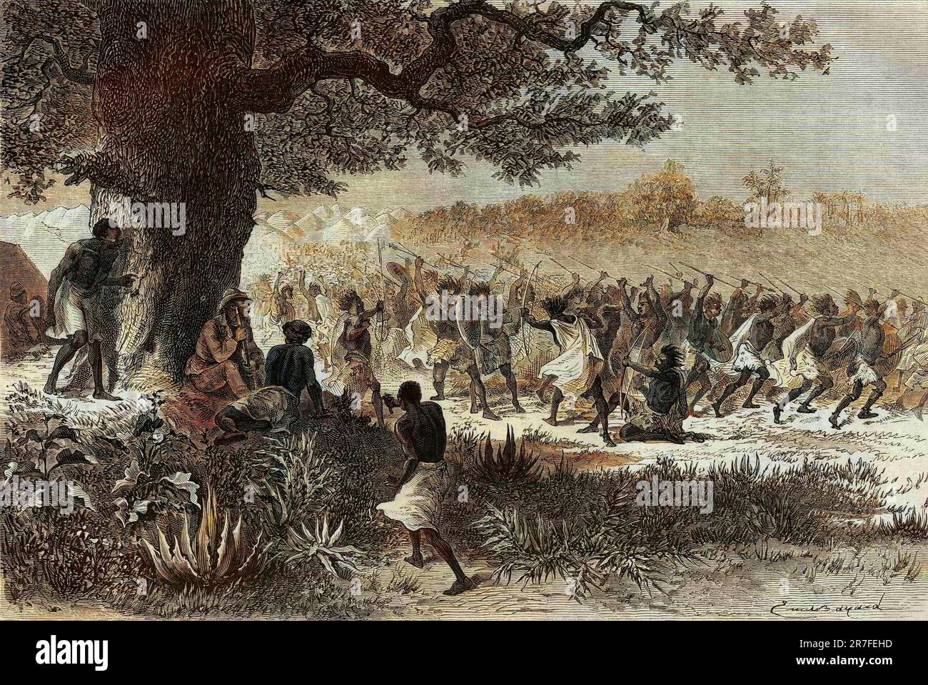 Les Vouagogo (tribu de Tanzanie) en preparatifs pour la guerre, sous l'arbre, l'auteur du recit Henry Morton Stanley ( 1841-1904). Gravure pour illustrer le voyage a la recherche de Livingstone, au centre de l'Afrique, par Henry Stanley, correspondant du 'New-York Herald', en 1871-72, publie dans ' Le tour du monde' 1873 Stock Photo
