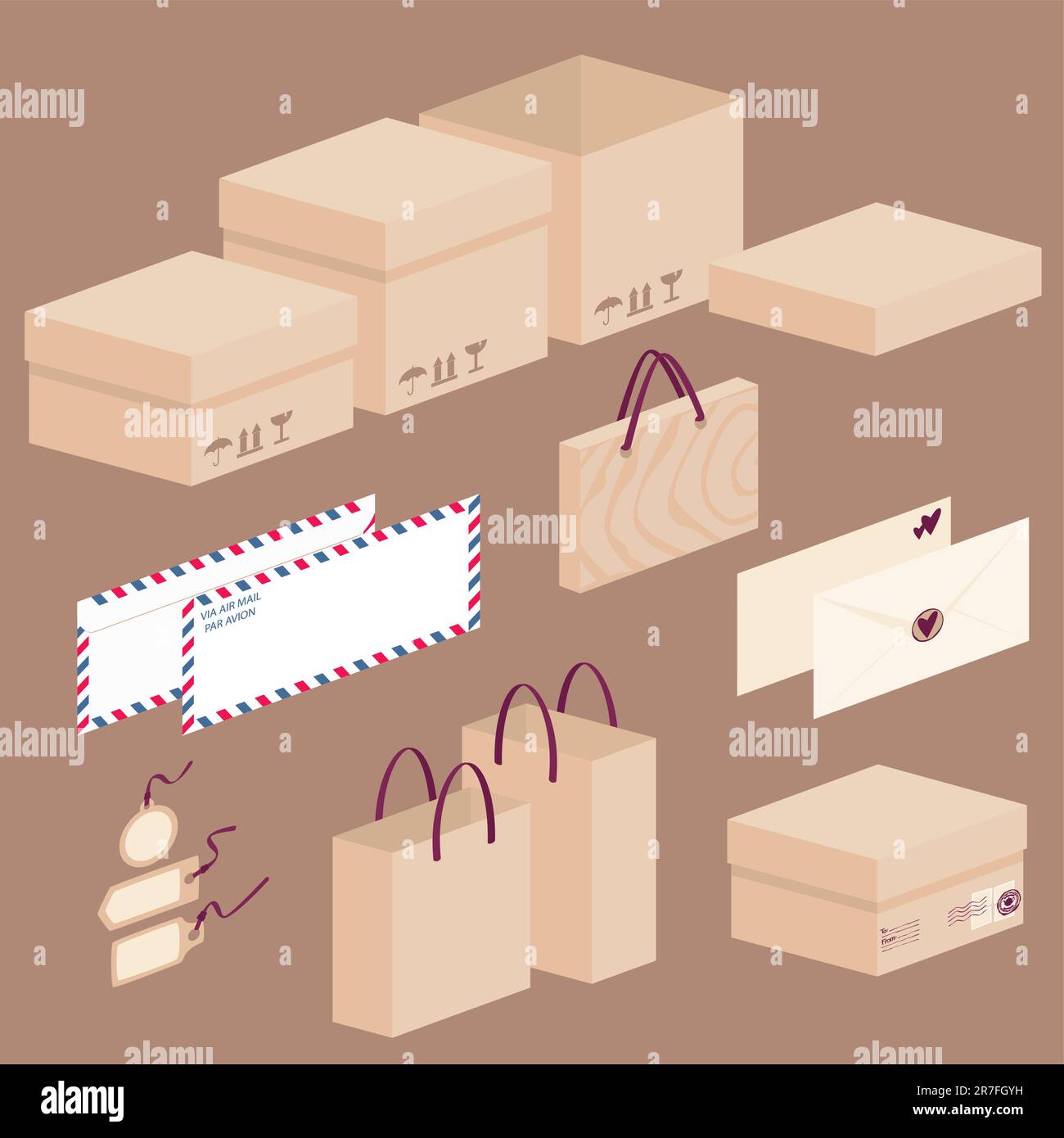 A vector illustration depicting post and packaging icons/elements. Each ...