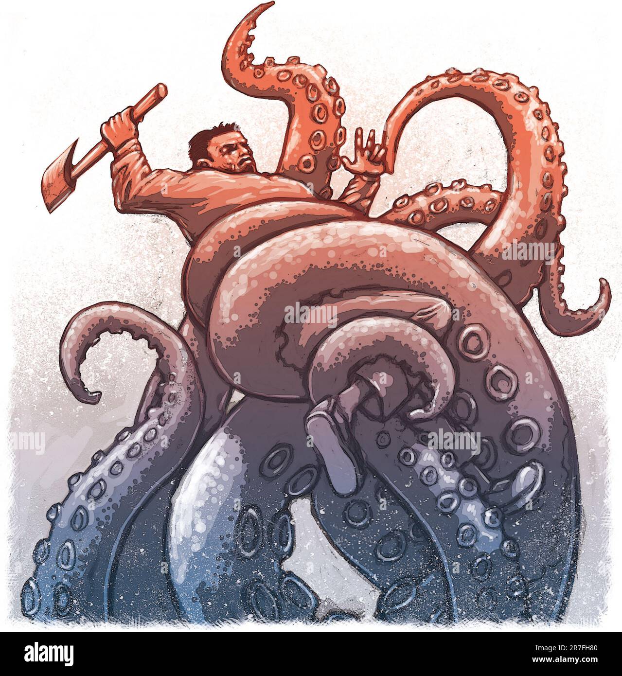 Art of man with axe, wrapped in tentacles of giant octopus, inspired by Jules Verne's Twenty Thousand Leagues Under the Seas, sci-fi, adventure book. Stock Photo
