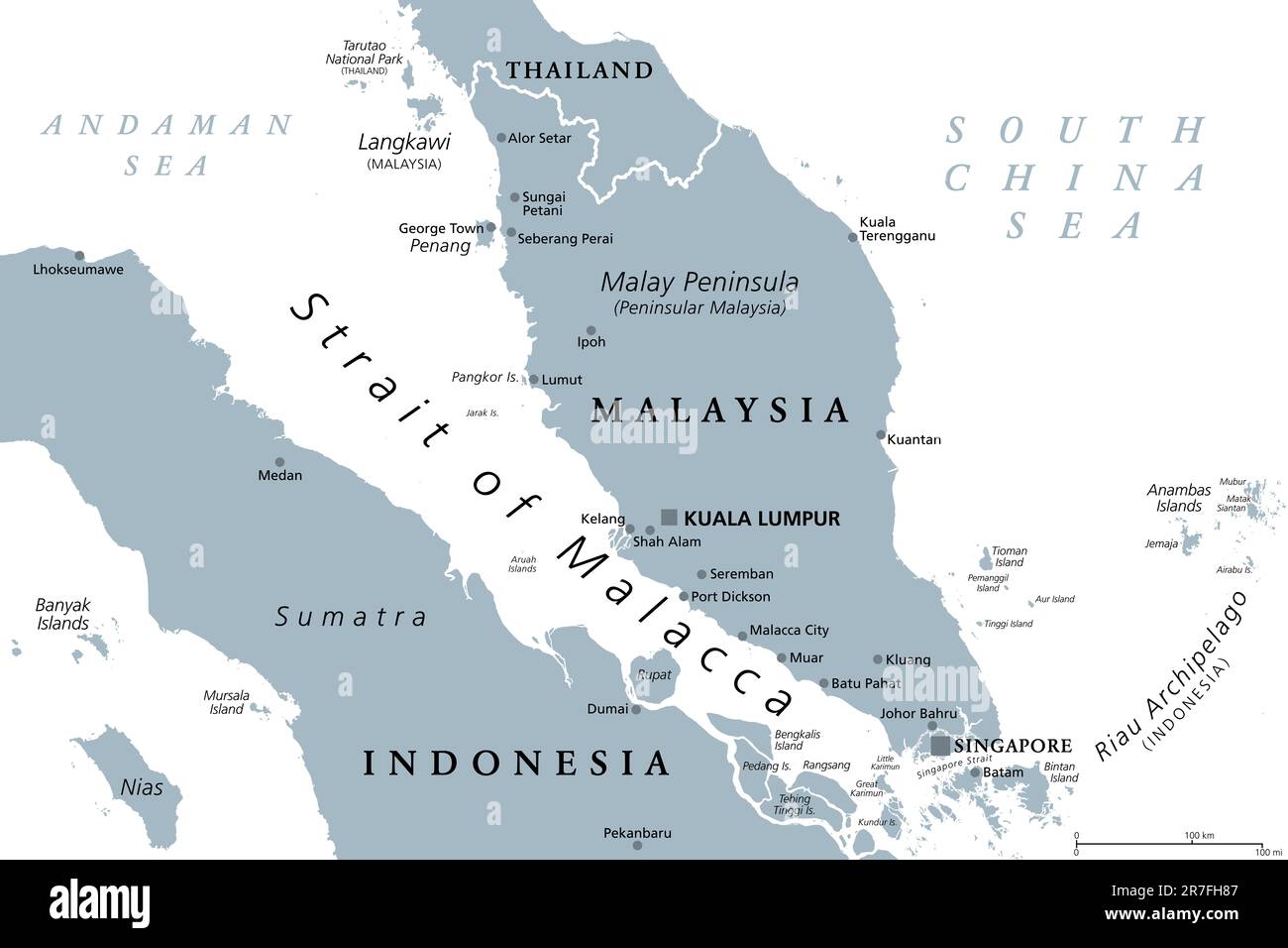 Strait of Malacca, gray political map. Important shipping lane and a main shipping channel between Malay Peninsula (Peninsular Malaysia) and Sumatra. Stock Photo
