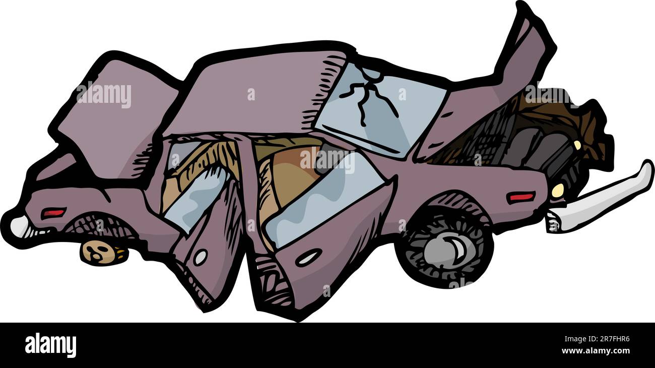 Cartoon of a wrecked automobile with a broken windshield. Stock Vector