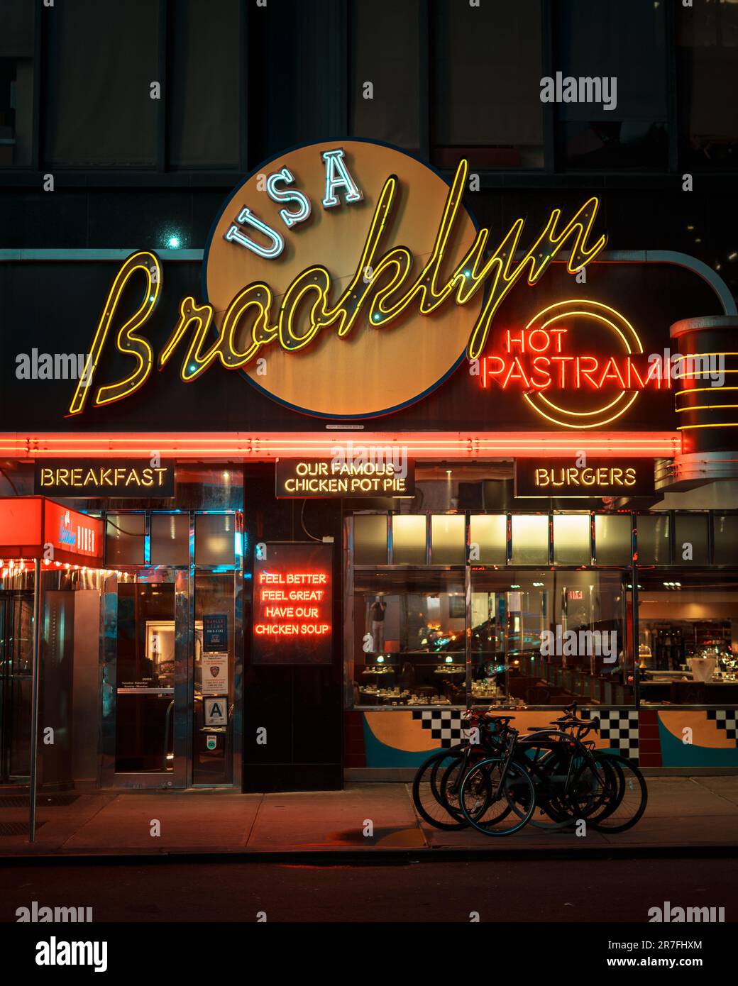 Brooklyn Diner neon sign at night in Times Square, Manhattan, New York