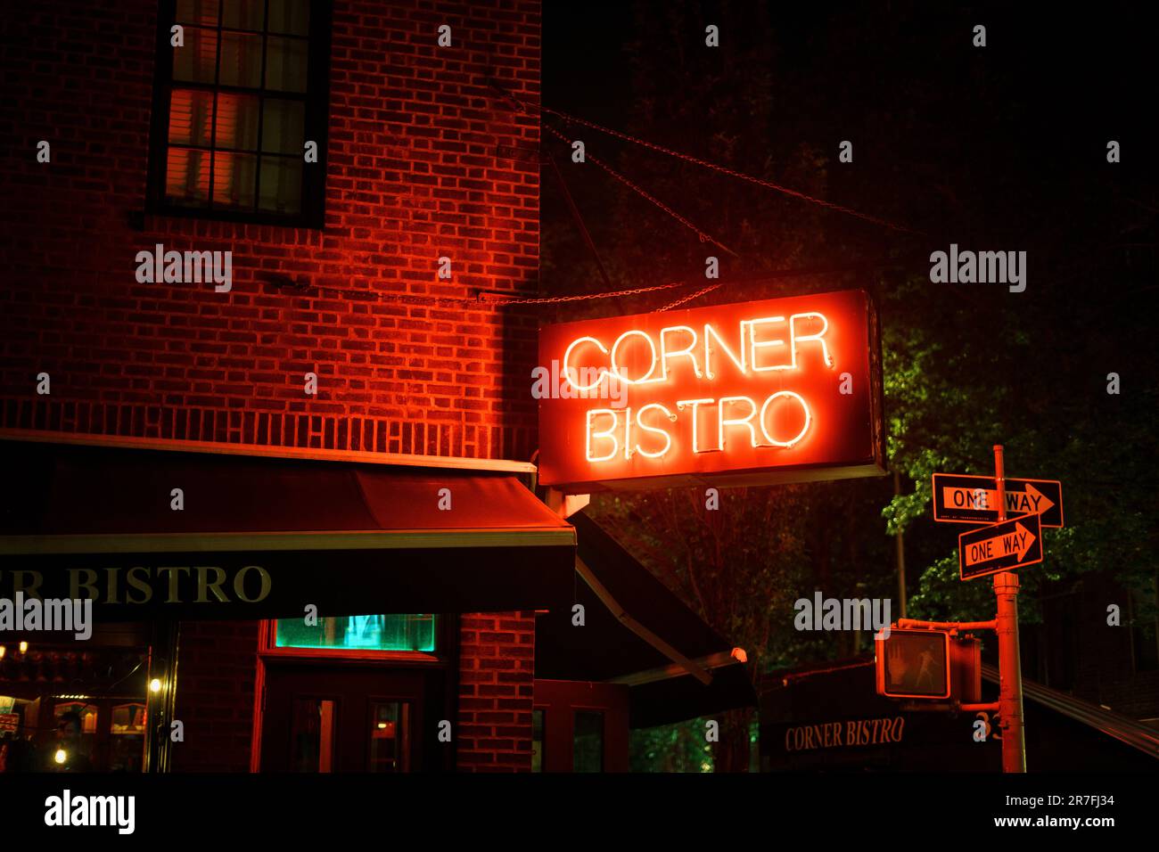 Corner Bistro vintage neon sign at night, Manhattan, New York Stock