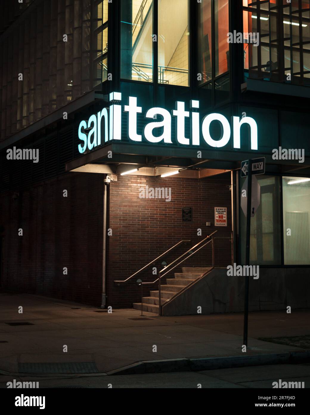 New York City Department of Sanitation sign at night, Manhattan, New