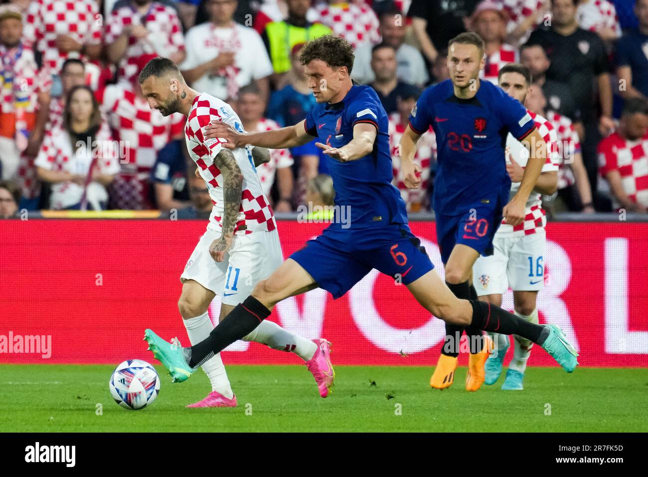 Rotterdam, Netherlands. 14th June, 2023. Rotterdam - Marcelo Brozovic of Croatia, Mats Wieffer of Holland during the match between Netherlands v Croatia at Stadion Feijenoord De Kuip on 14 June 2023 in Rotterdam, Netherlands. Credit: box to box pictures/Alamy Live News Stock Photo