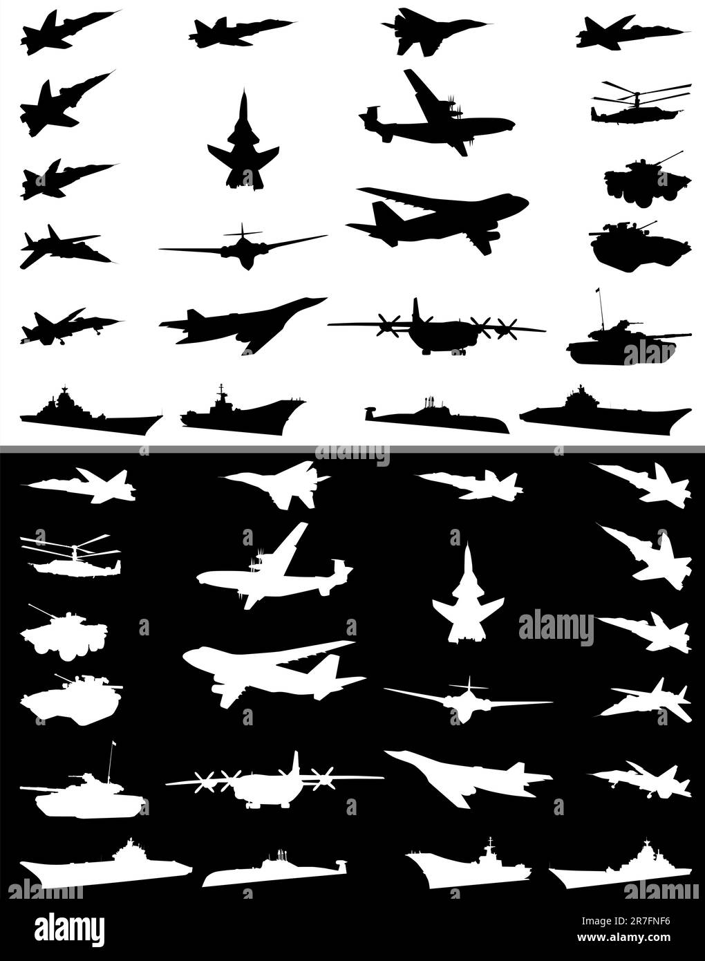 Silhouettes of military technics of different combat arms Stock Vector