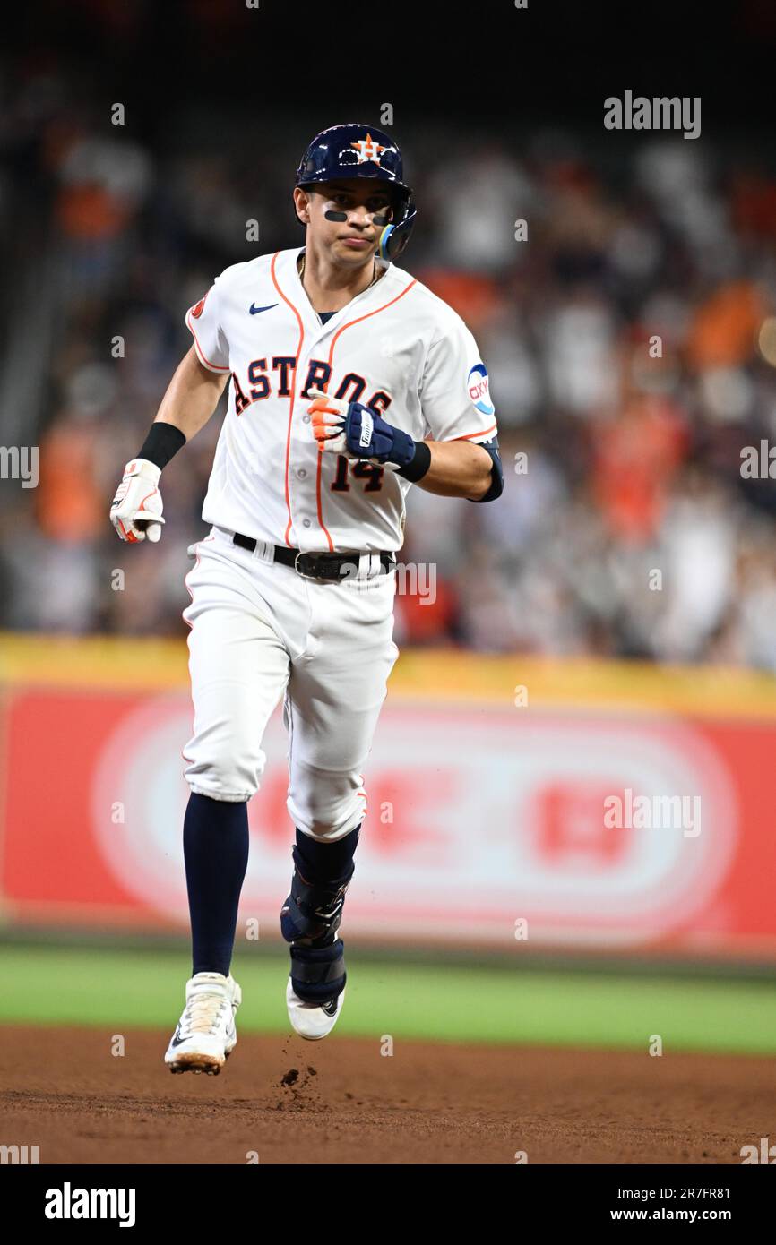 Houston, United States. 13th June, 2023. Houston Astros second baseman Mauricio  Dubon (14) hits a solo 366 foot home run to left field in the bottom of the  fifth inning during the