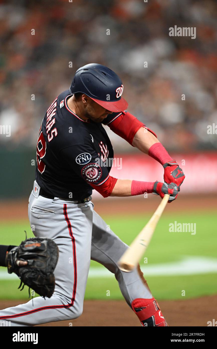 Washington Nationals right fielder Lane Thomas (28) doubles to center in the top of the 8th inning during the MLB game between the Washington National Stock Photo