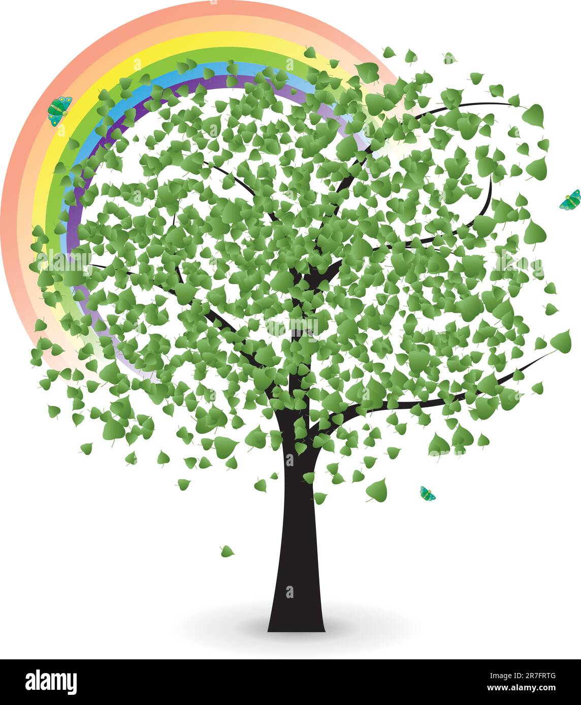 tree with green leaves, rainbow and butterfly, vector illustration Stock Vector