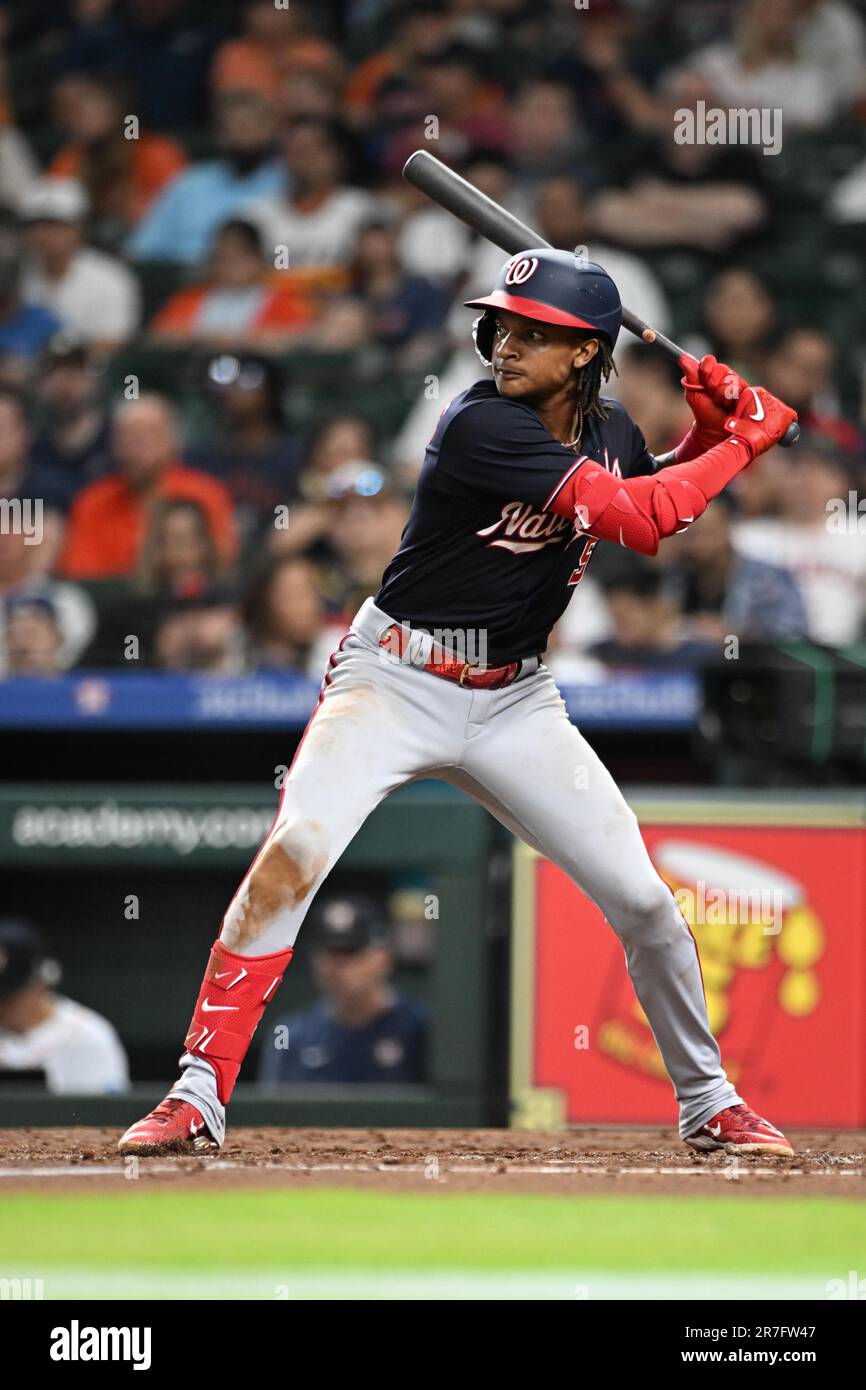 Houston, United States. 13th June, 2023. Washington Nationals shortstop CJ  Abrams (5) batting in the top of the fifth inning during the MLB game  between the Washington Nationals and the Houston Astros