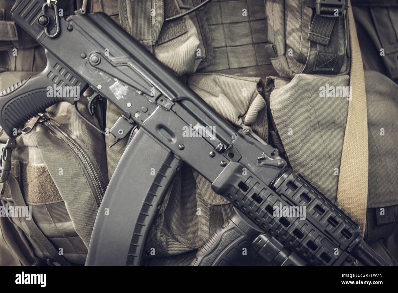 Military equipment of a soldier, machine gun on the background of body armor Stock Photo