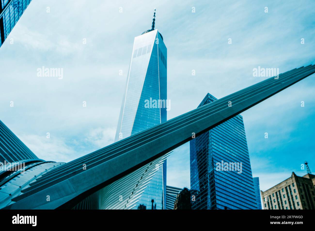 New York City, United States - May 19, 2023: Detail of the Oculus building, in the Financial District of New York City, and the One World Trade Center Stock Photo
