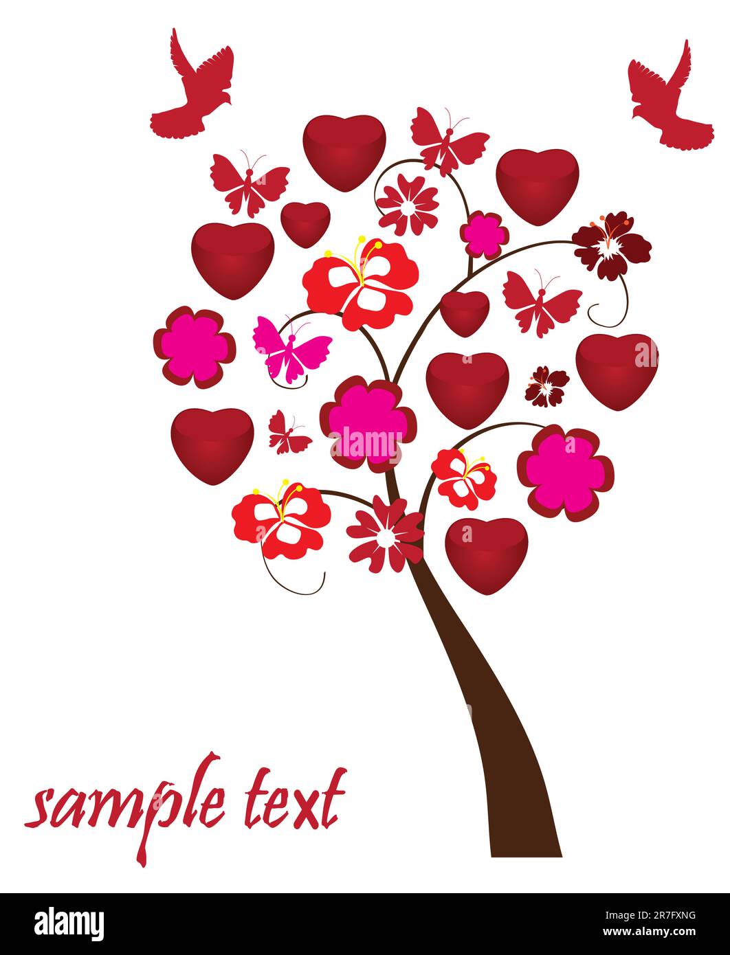 vector illustration of valentine tree with hearts, flowers and birds ...
