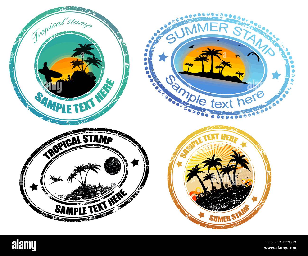 Set of grunge tropical  summer stamps and with place for your text  inside Stock Vector