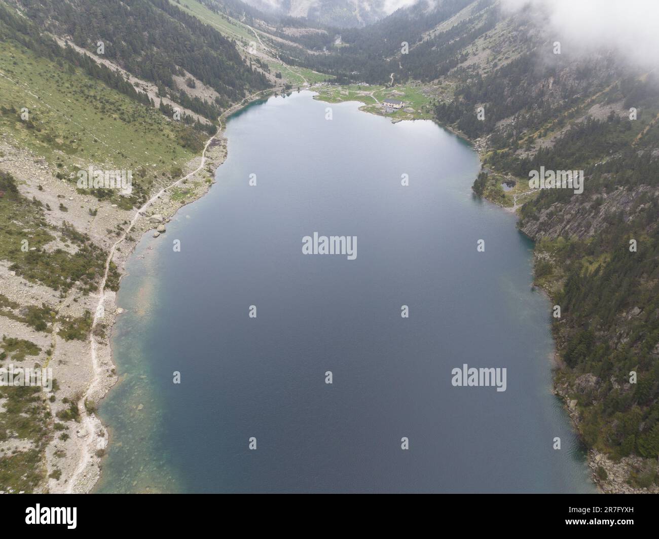 The Lac de Gaube is a beautiful mountain lake, located about twelve kilometers south of the town of Cauterets. Stock Photo