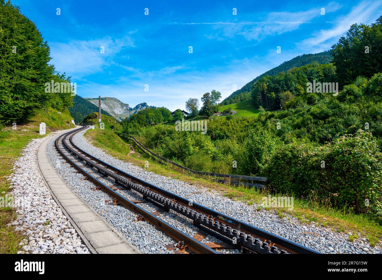 View of Schafberg train and railways. SCHAFBERGBAHN Cog Railway running from St. Wolfgang up the Schafberg, Austria. Stock Photo