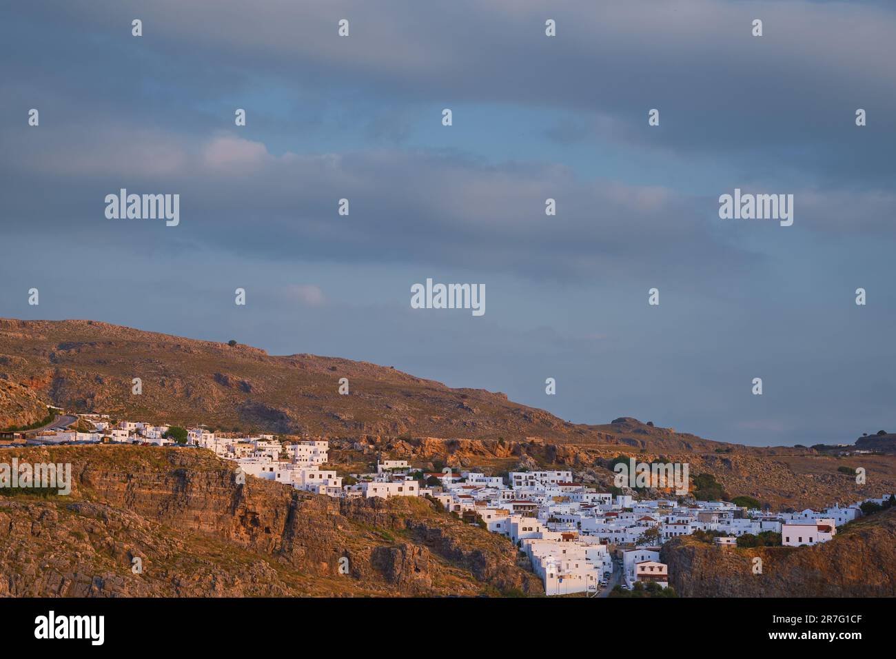 View of the city of Lindos and the rocks in the early morning, the ...