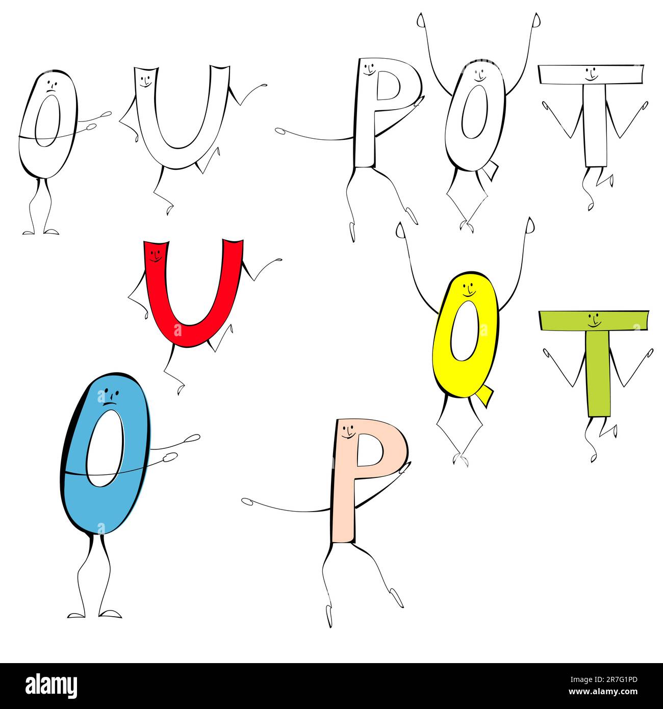 Set of cartoon style letters U, O, P, Q, T Stock Vector