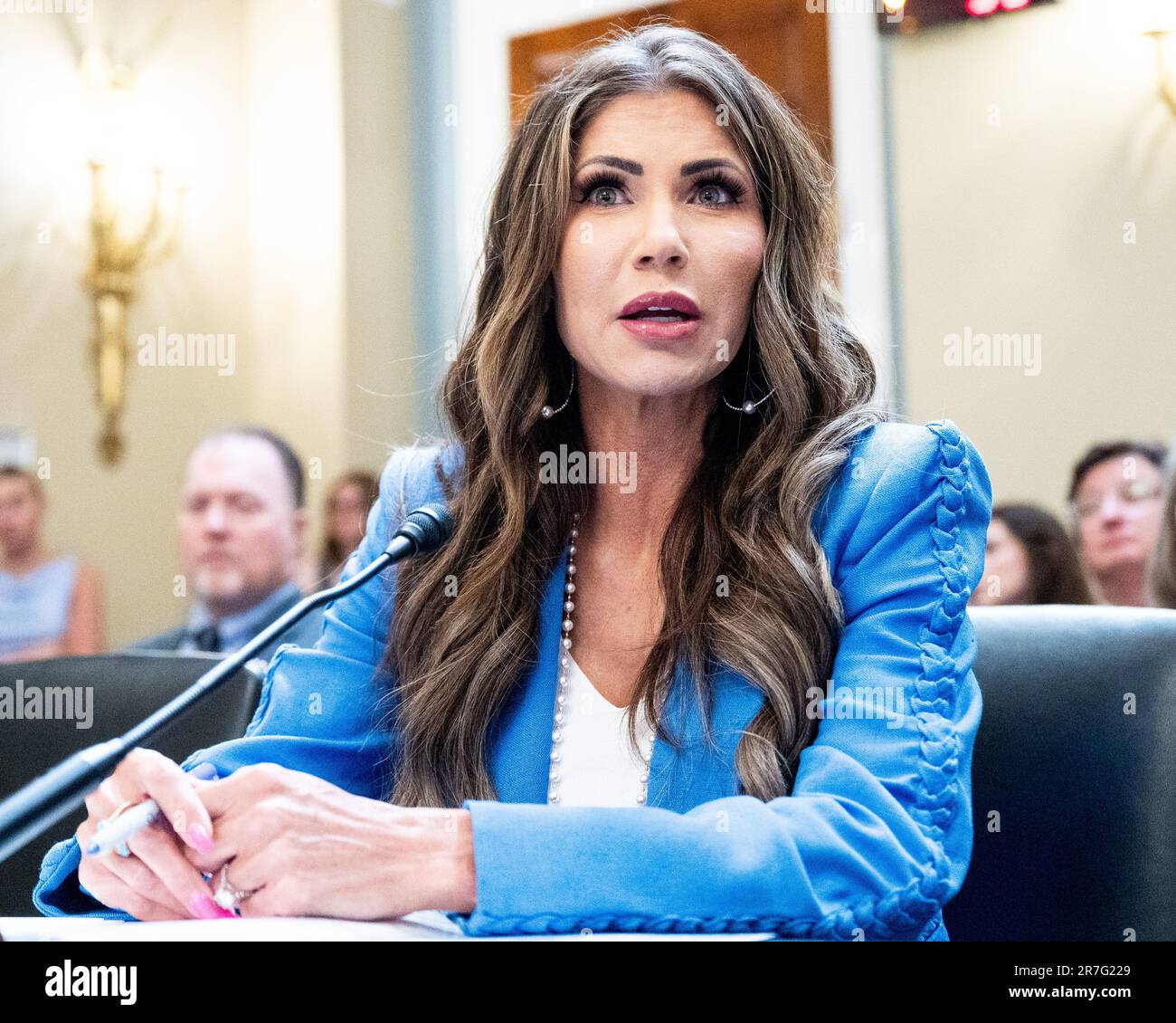 Washington, United States. 15th June, 2023. Kristi Noem, Governor of South Dakota, speaking at a hearing of the House Natural Resources Committee at the U.S. Capitol. (Photo by Michael Brochstein/Sipa USA) Credit: Sipa USA/Alamy Live News Stock Photo