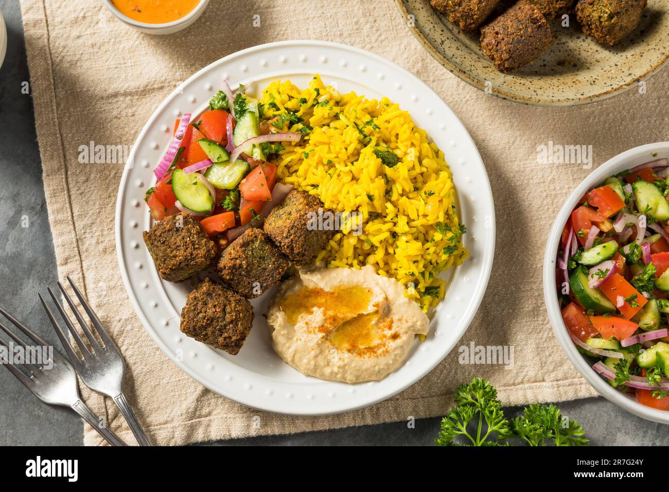 Homemade Mediterranean Falafel Plate with Rice and Hummus Stock Photo ...