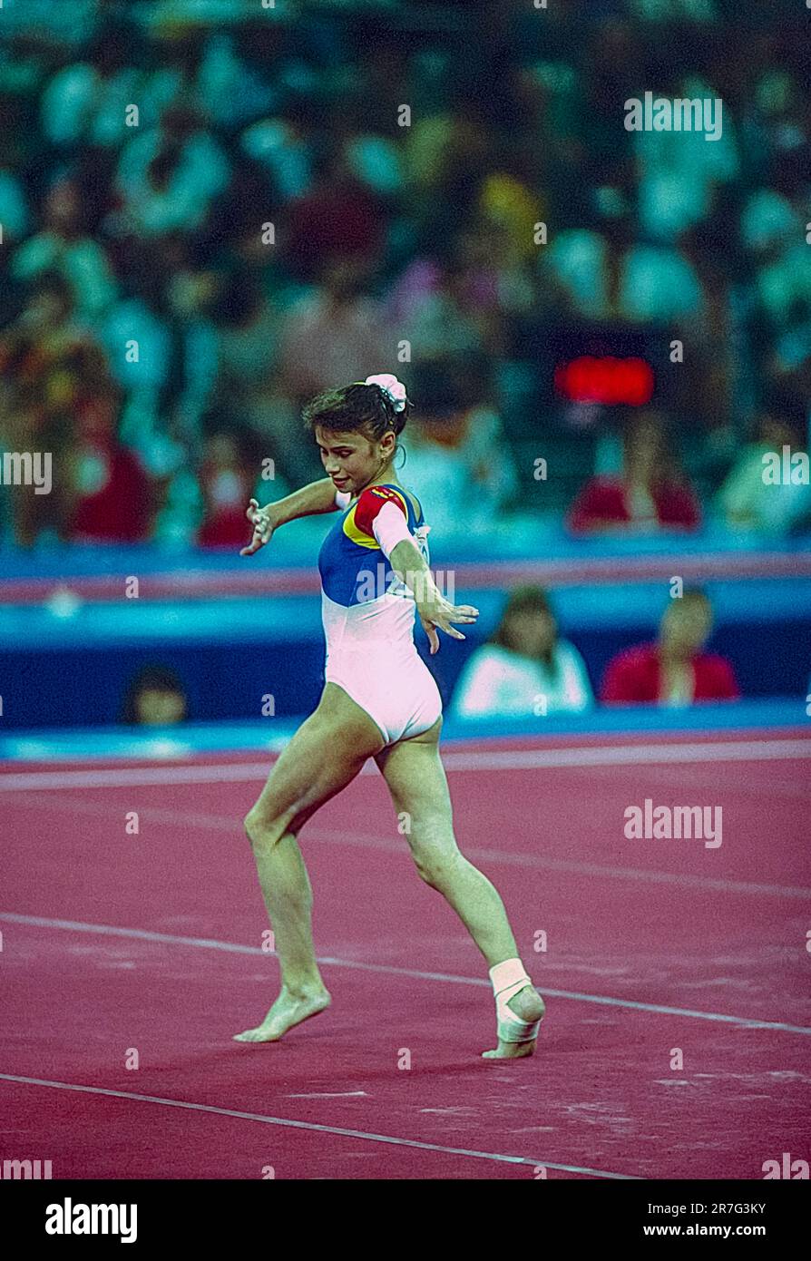 Lavinia Miloșovici (ROM) during the Gymnastics Women's artistic individual all-around at the 1992 Olymic Summer Games. Stock Photo
