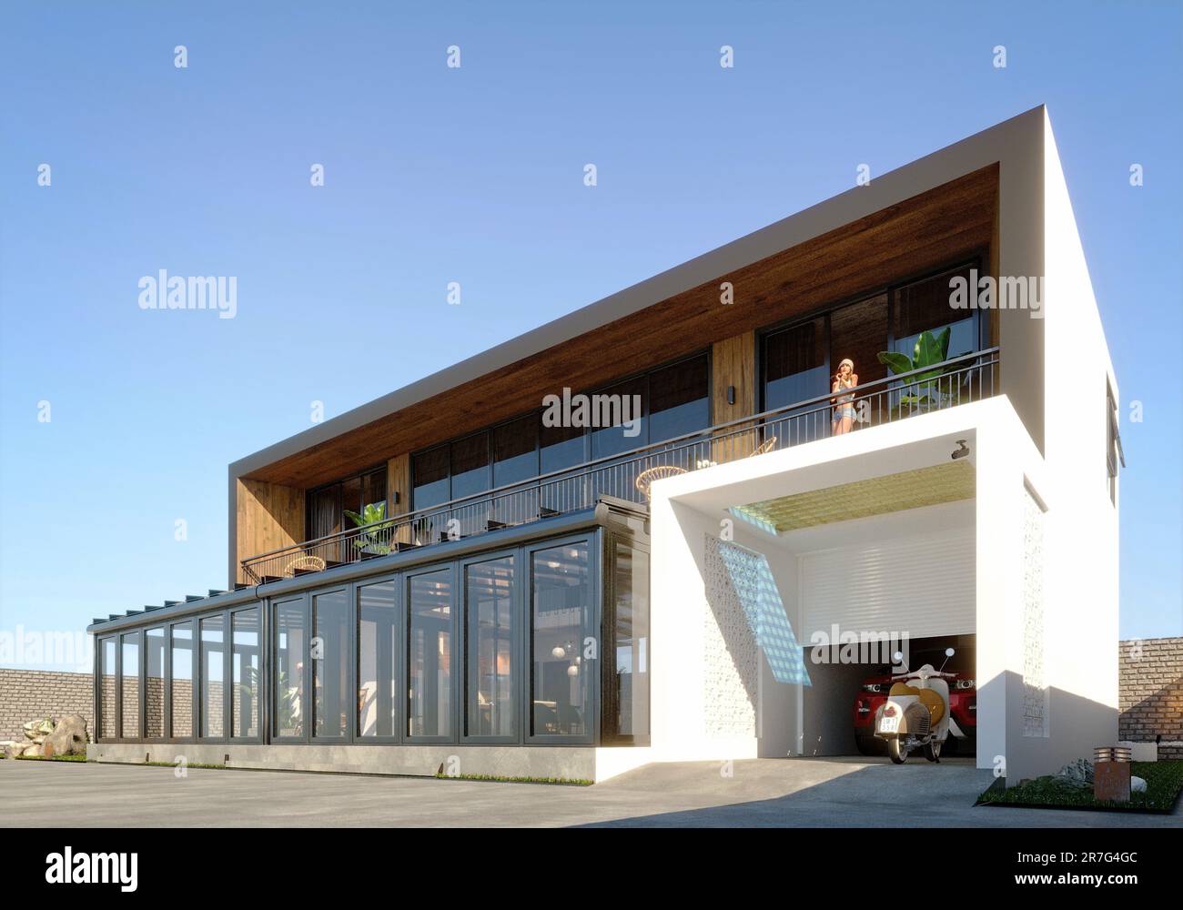 Luxury villa house and patio outdoor pergola sunroom, 3d render Stock ...