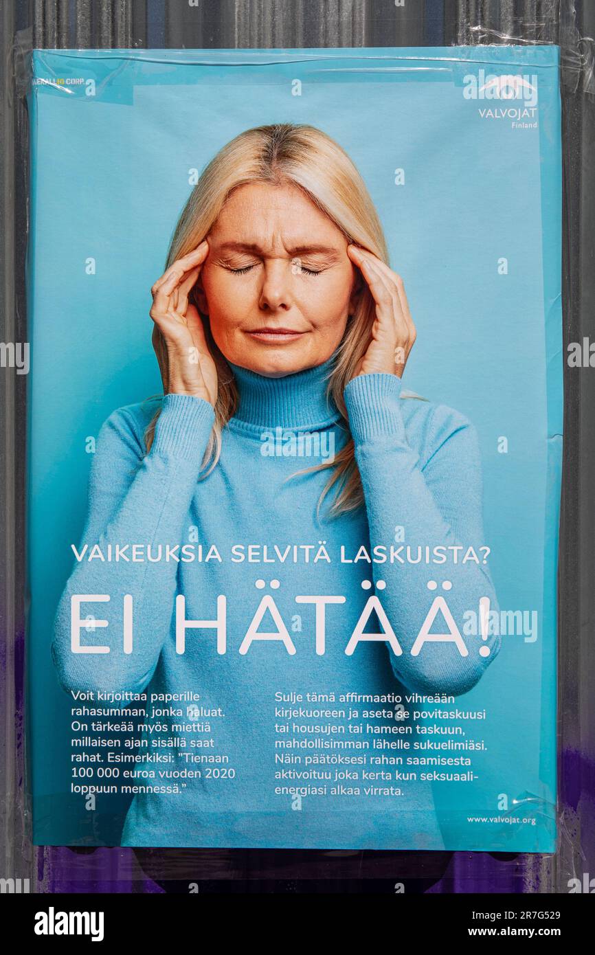 Fake advertising poster by Valvojat performance act in Helsinki, Finland Stock Photo