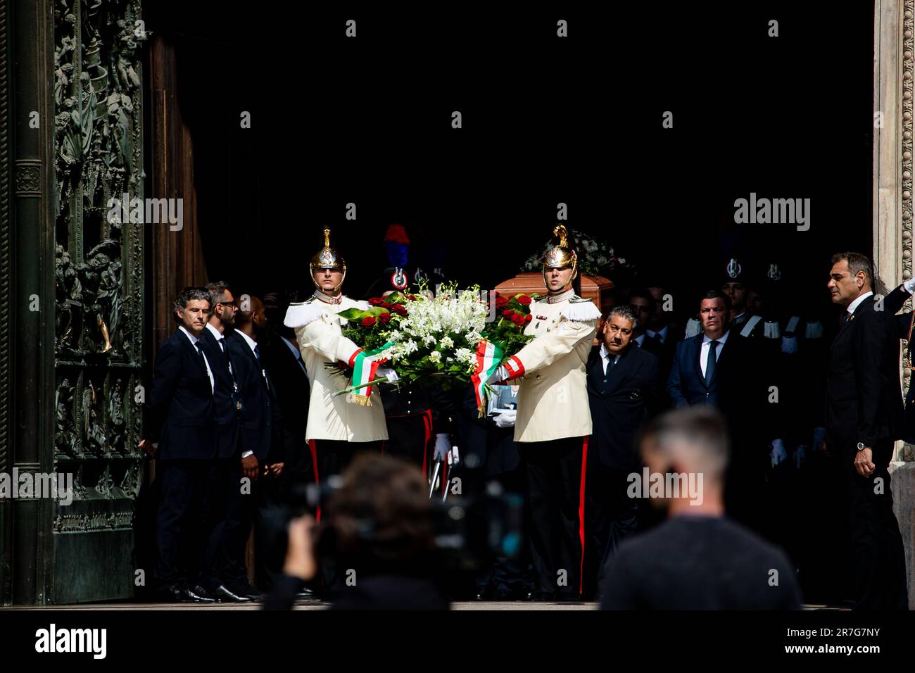 Milano, Italy. 14th June, 2023. Silvio Berlusconi's coffin seen being brought out of the Milan Cathedral during the funeral ceremony. On 12 June 2023, former Prime Minister of Italy Silvio Berlusconi died at the San Raffaele Hospital in Milan, at the age of 86, due to complications from a severe form of chronic myelomonocytic leukemia. (Photo by Marco Cordone/SOPA Images/Sipa USA) Credit: Sipa USA/Alamy Live News Stock Photo