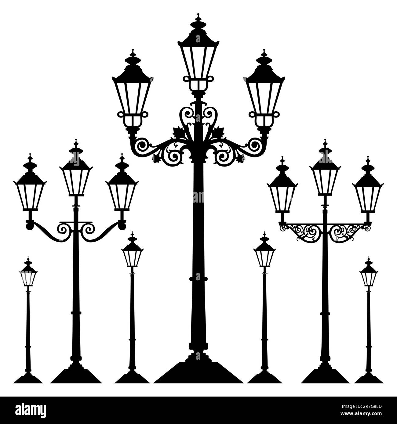 Set of antique retro street light lamps, isolated on white background,  full scalable vector graphic. Stock Vector