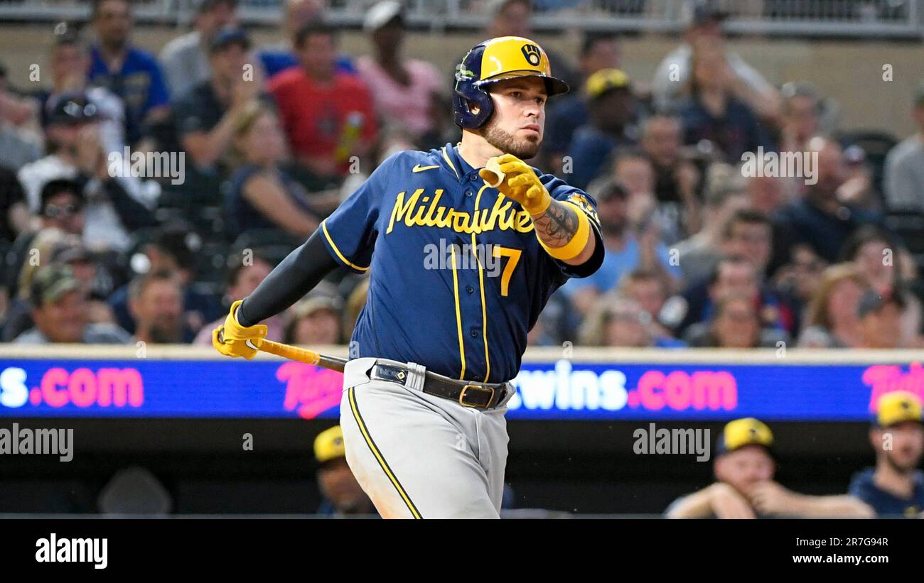 Milwaukee Brewers' Victor Caratini at bat against the Minnesota Twins