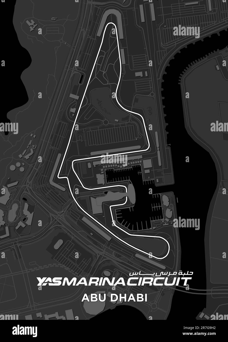 Formula one racing track map Yas Marina Circuit in Abu Dhabi UAE, United Arab Emirates Stock Vector
