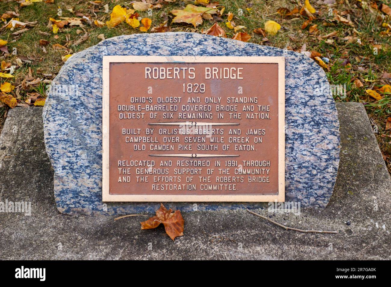 Historical marker for Roberts Covered Bridge. Beach Street, City of